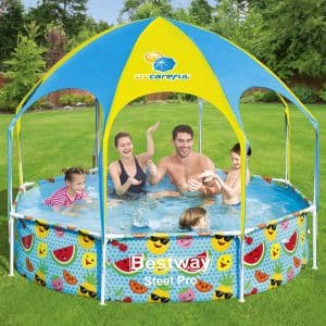 Ramme Pool med solskærm "Splash-in-Shade" uden pumpe Ø 244 x 51 cm, farverigt frugtdesign, rund